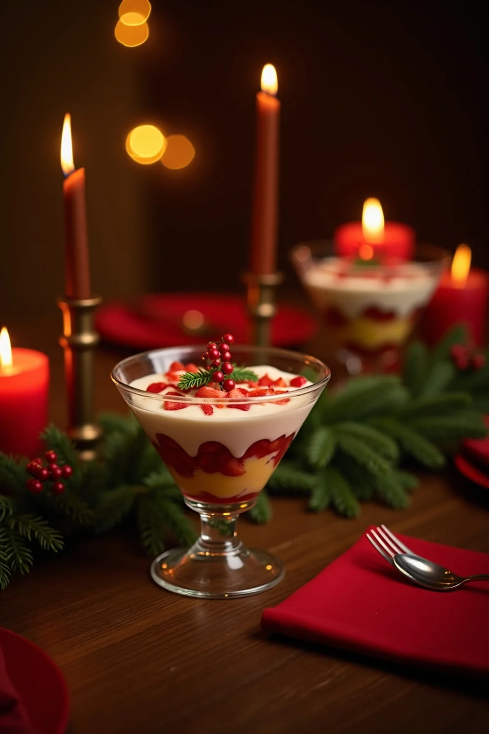 Vertical view of the Texas Christmas trifle in a glass bowl on a holiday dinner table with red and green Christmas decor, candles, evergreen, family gathering atmosphere, dramatic warm holiday lighting