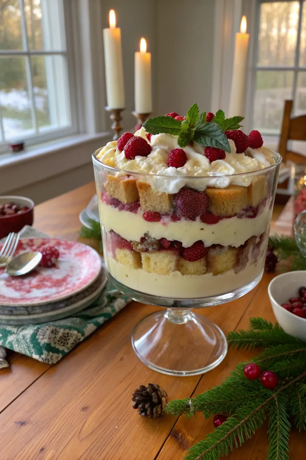 Vertical view of the Texas Christmas trifle in a glass bowl on a holiday dinner table with red and green Christmas decor, candles, evergreen, family gathering atmosphere, dramatic warm holiday lighting
