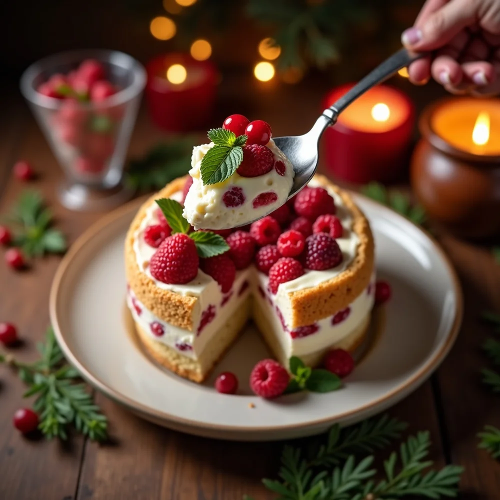 Overhead view of the Christmas trifle being served, a long serving spoon scooping out a portion exposing the layered interior, mint sprig and red berries garnish, holiday table
