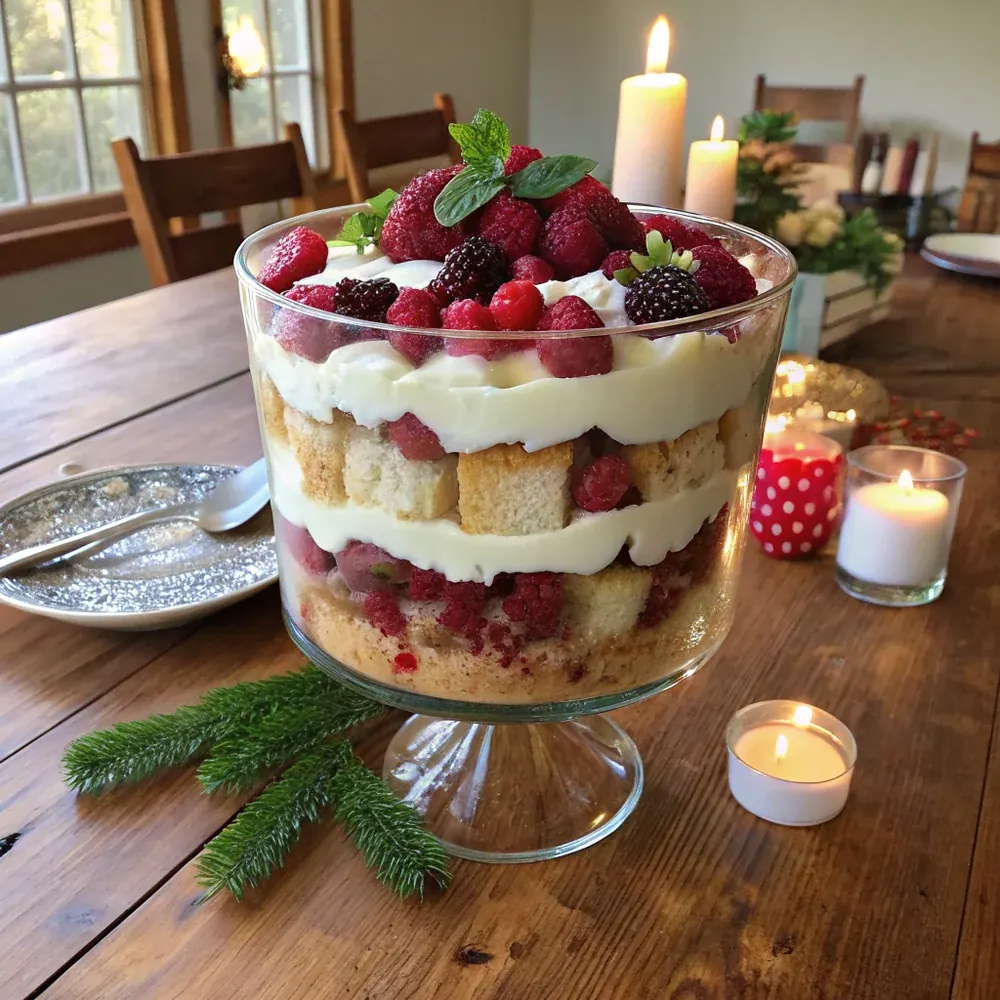 Overhead view of the Christmas trifle being served, a long serving spoon scooping out a portion exposing the layered interior, mint sprig and red berries garnish, holiday table
