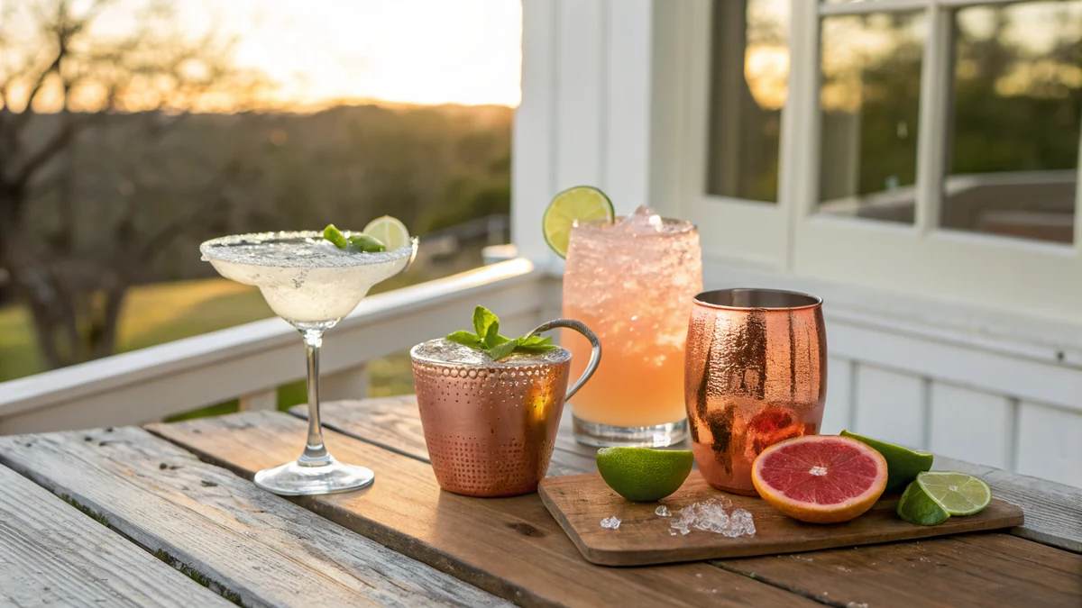 Texas Cocktails: 13 Iconic Drinks Every Texan Knows served on a Texas kitchen counter in natural daylight