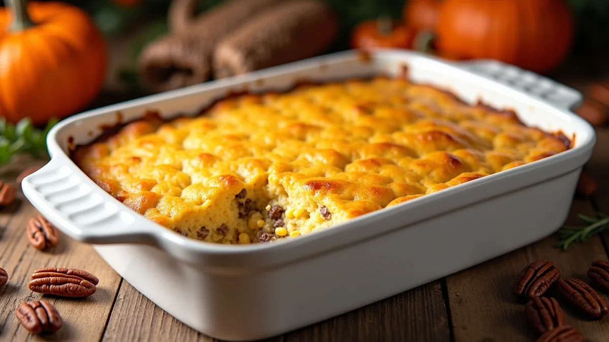 Golden Texas cornbread dressing in a white ceramic 9x13 baking dish, top layer crispy browned, sage and sausage chunks visible, Thanksgiving table