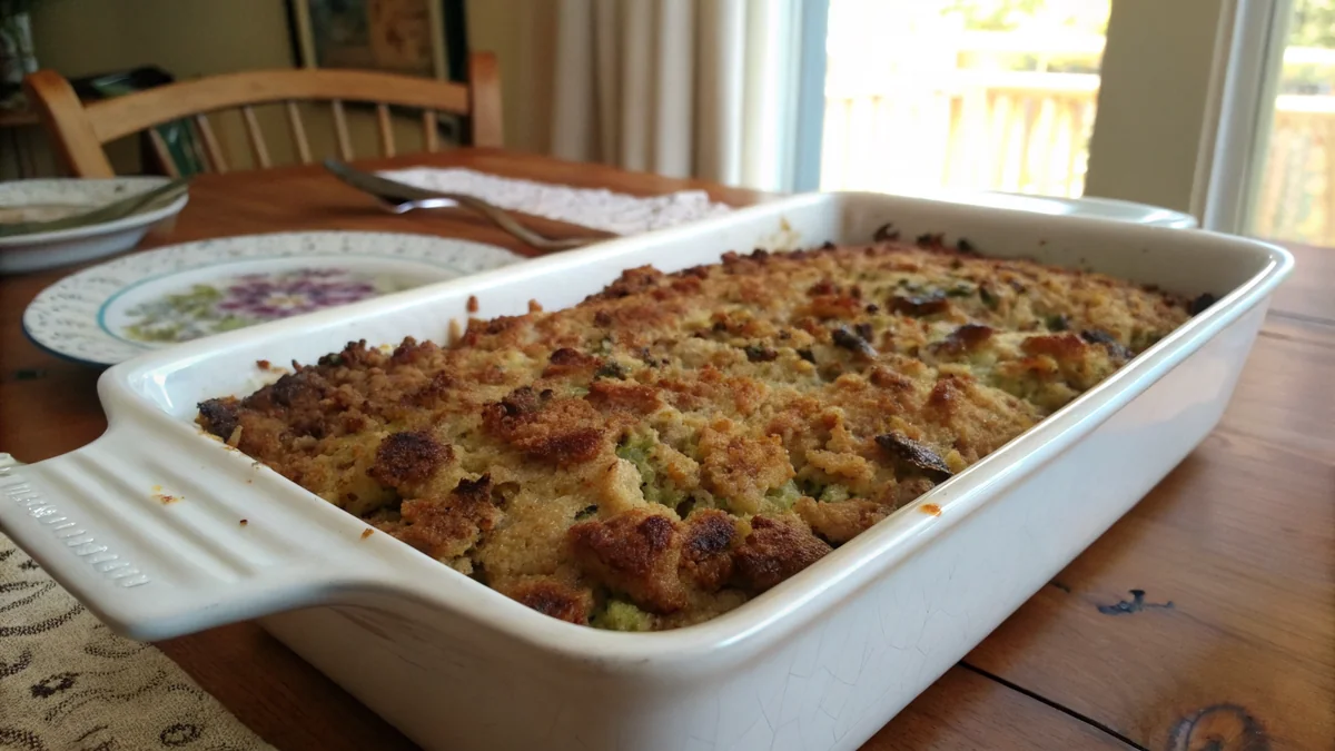 Texas Cornbread Dressing recipe by Chef Mia, photographed in a natural light Texas kitchen