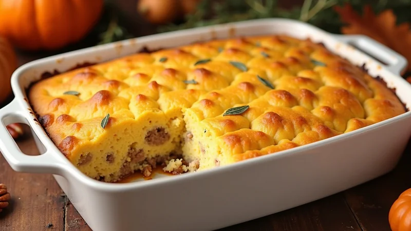 Close-up serving spoon scooping Texas cornbread dressing showing tender cornbread, browned sausage, pecan pieces, crispy golden top