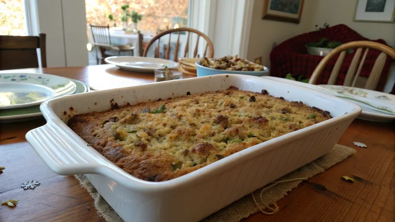 Close-up serving spoon scooping Texas cornbread dressing showing tender cornbread, browned sausage, pecan pieces, crispy golden top