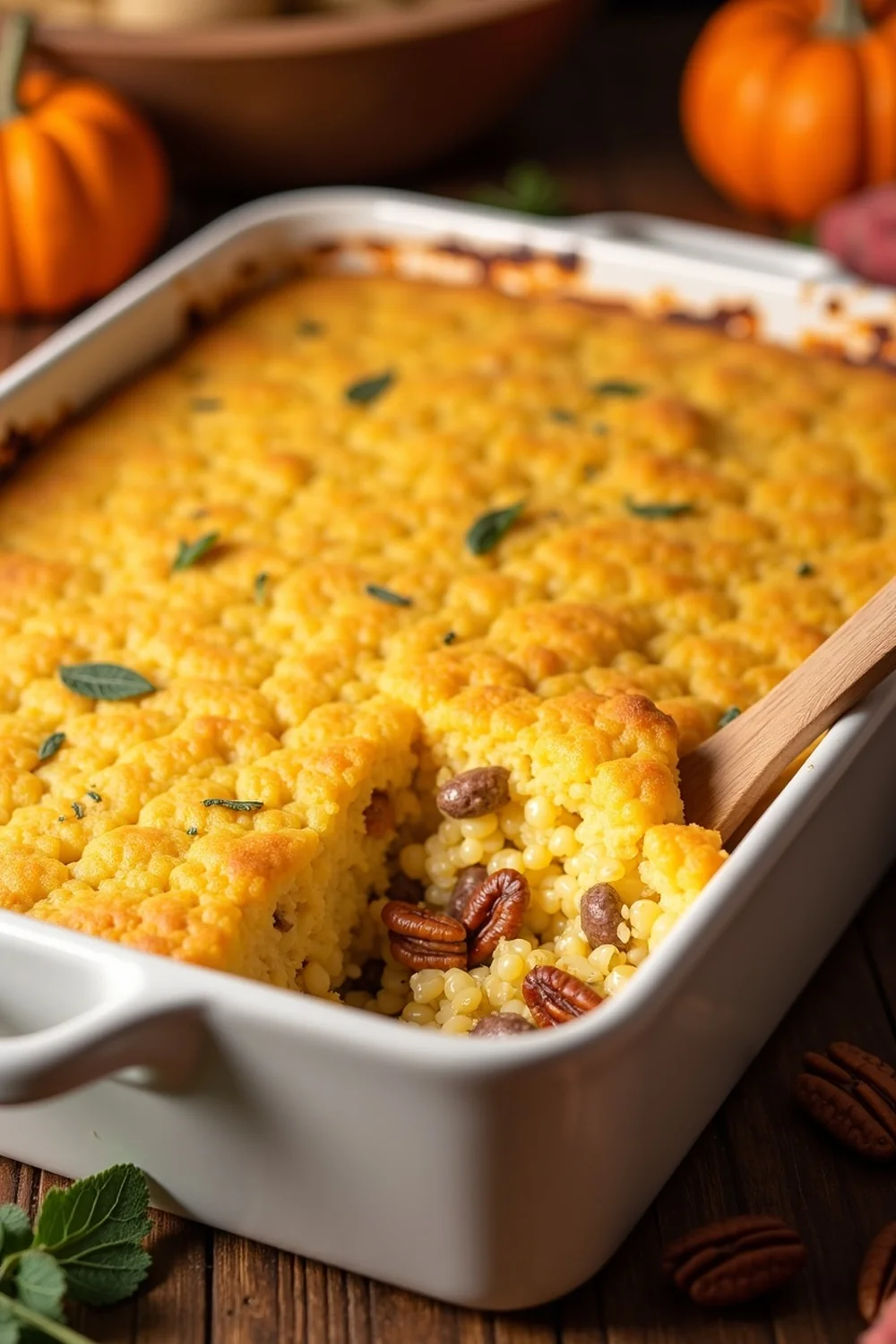 Vertical view of Texas cornbread dressing fresh from the oven, Thanksgiving casserole, save this Hill Country grandmother recipe