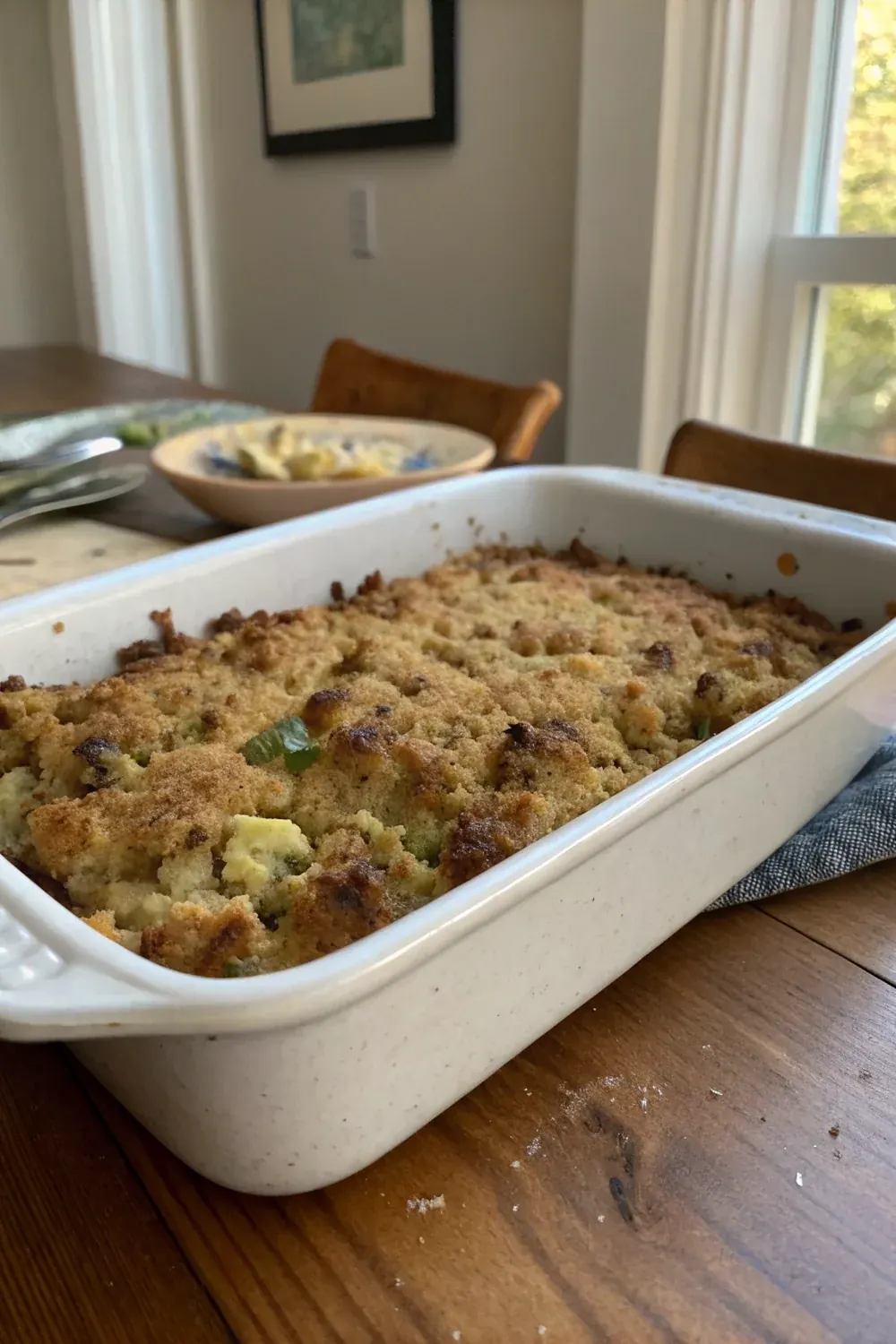 Vertical view of Texas cornbread dressing fresh from the oven, Thanksgiving casserole, save this Hill Country grandmother recipe