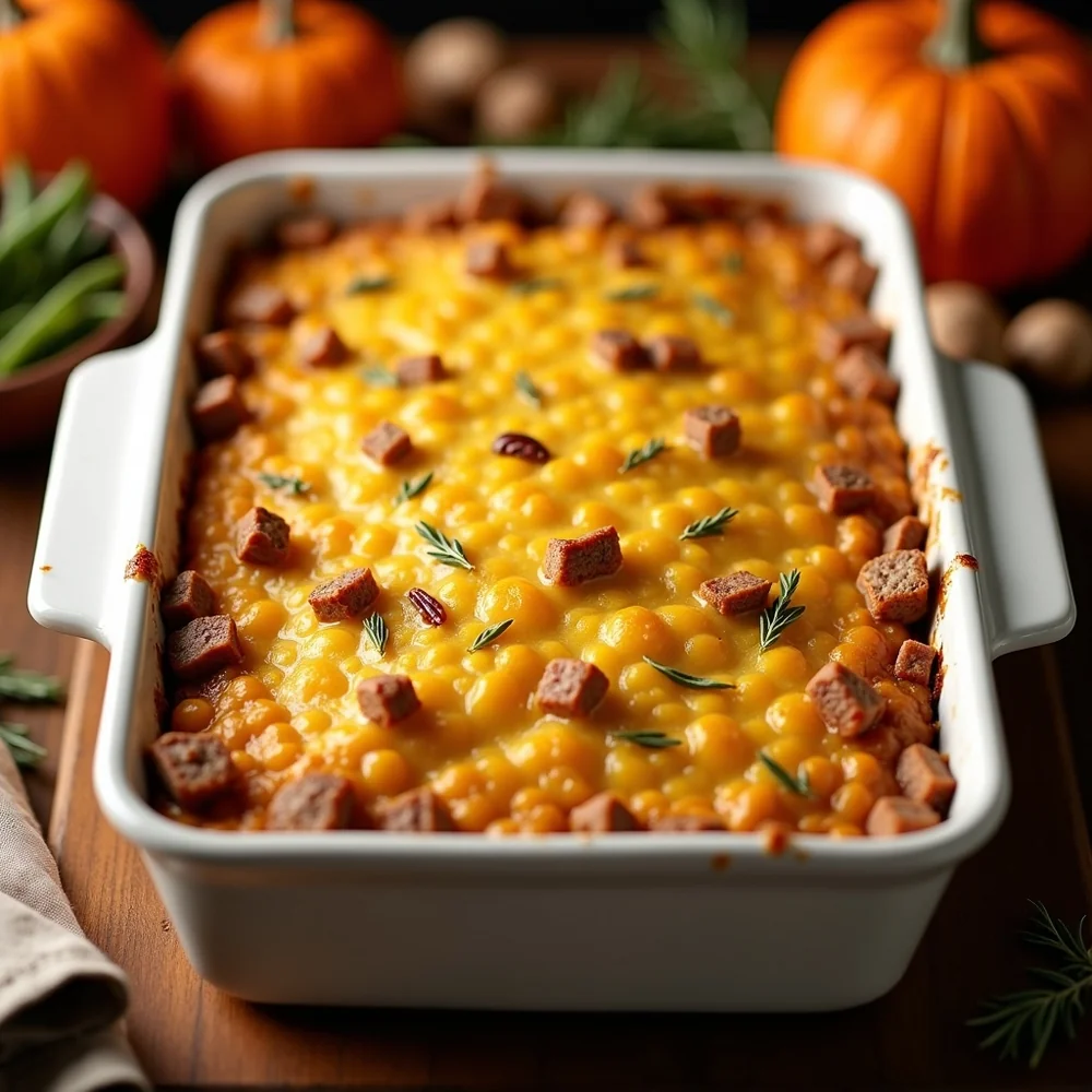 Overhead view of a Texas cornbread dressing casserole on a Hill Country Thanksgiving table, surrounded by turkey, gravy, and sweet potato pie