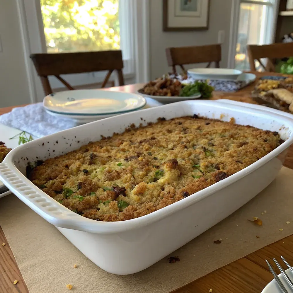 Overhead view of a Texas cornbread dressing casserole on a Hill Country Thanksgiving table, surrounded by turkey, gravy, and sweet potato pie