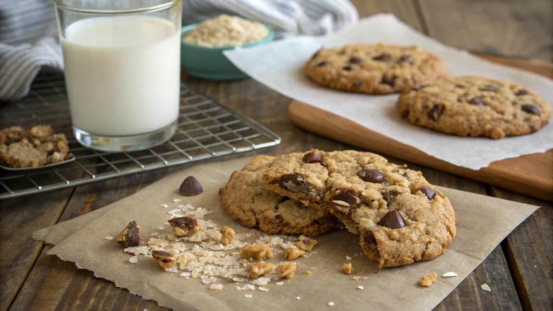 Close-up of one Texas cowboy cookie broken in half showing the chewy interior loaded with oats, pecans, sweetened coconut, and melted chocolate chips