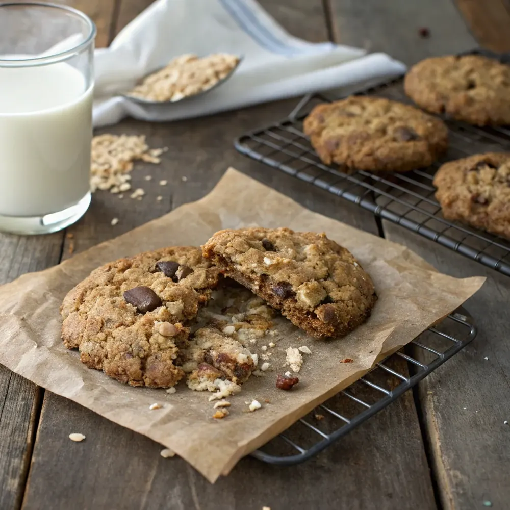 Overhead tray of twelve large cowboy cookies cooling on parchment, Laura Bush style, four inches across with cinnamon-spiced oat dough