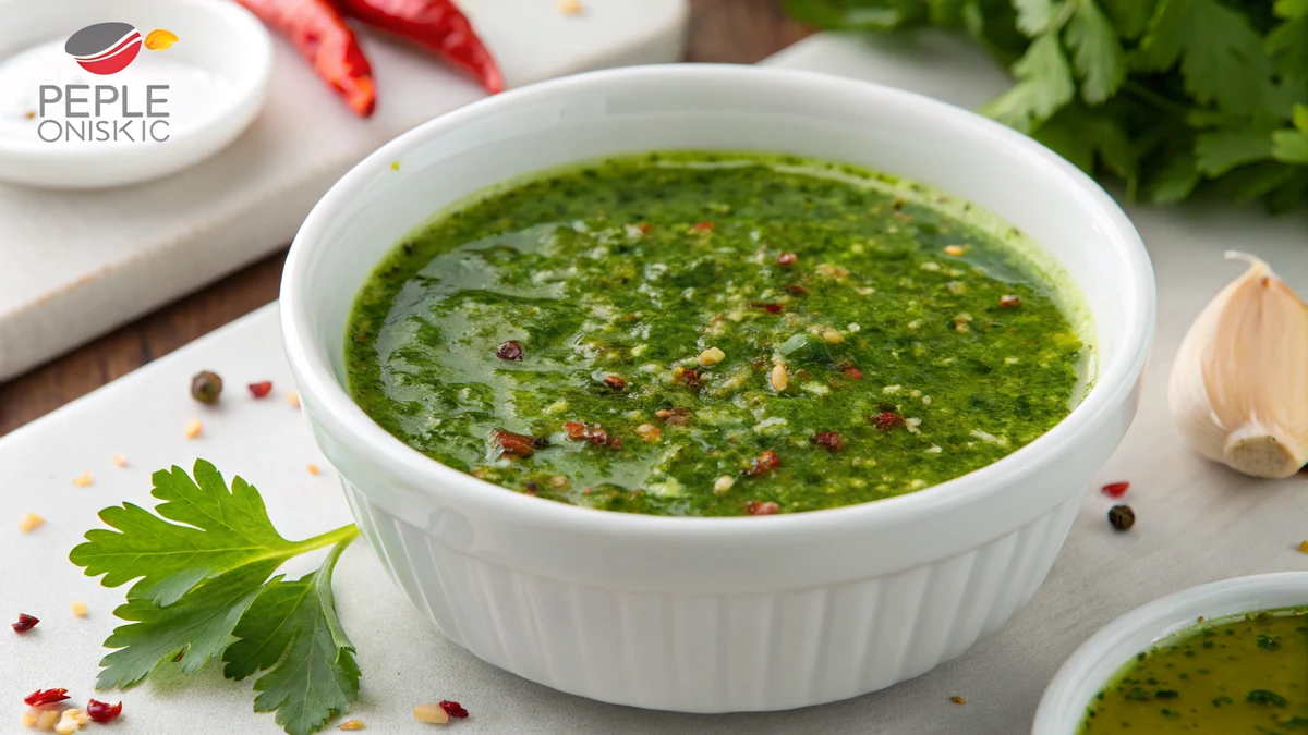 Bright green chimichurri sauce in a white ceramic bowl, flecked with finely chopped parsley, oregano, garlic, and red pepper flakes glistening in olive oil