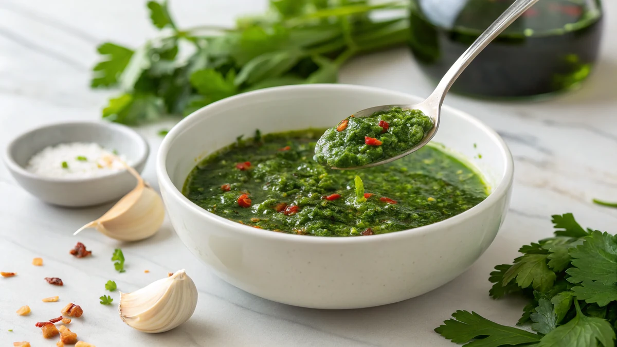 Texas de Brazil Chimichurri Copycat recipe by Chef Mia, photographed in a natural light Texas kitchen