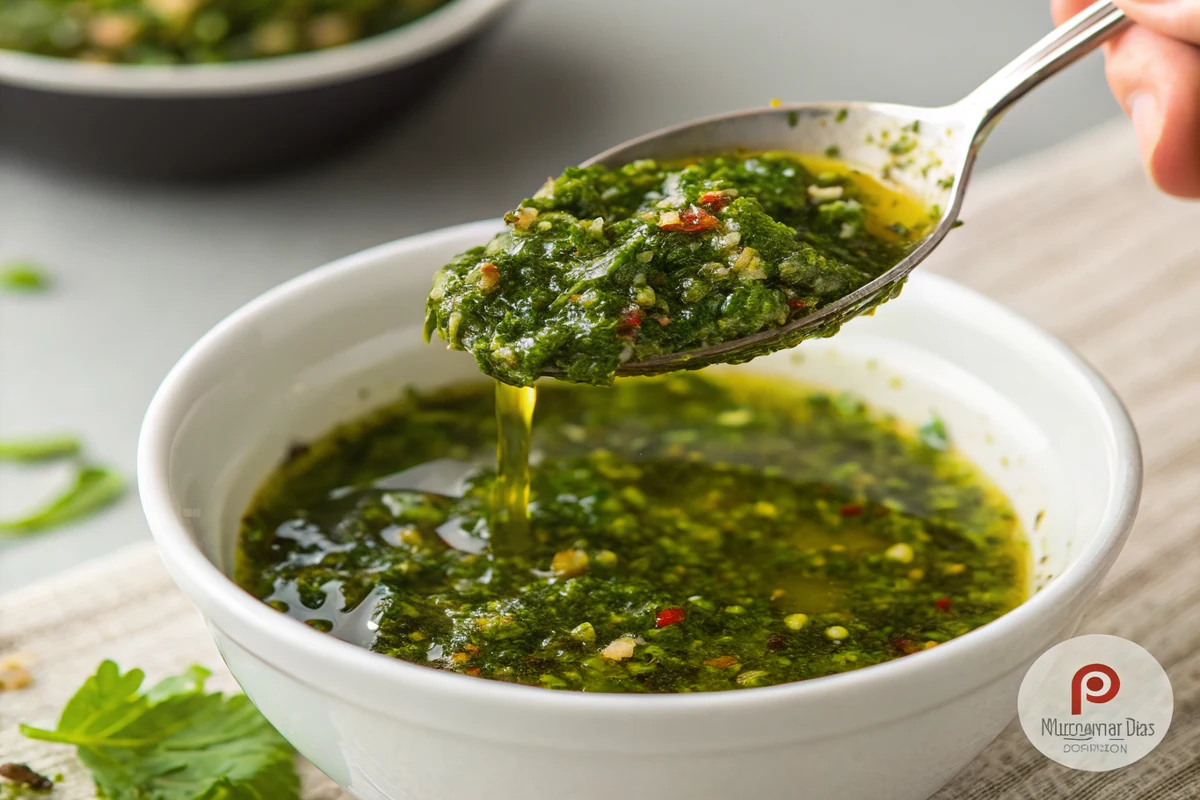 Close-up of vivid green chimichurri being spooned from a small bowl, chunky chopped herbs suspended in glossy olive oil and vinegar