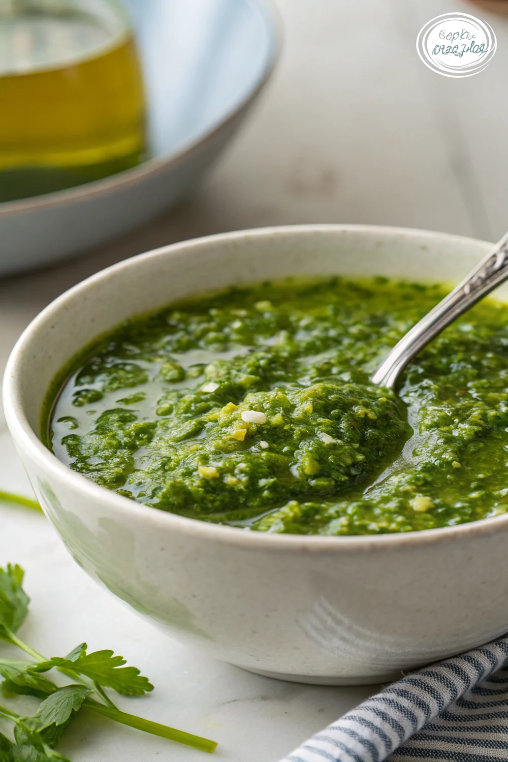 Vertical photo of fresh bright green chimichurri sauce in a bowl with a spoon, save this 15-minute Texas de Brazil copycat recipe
