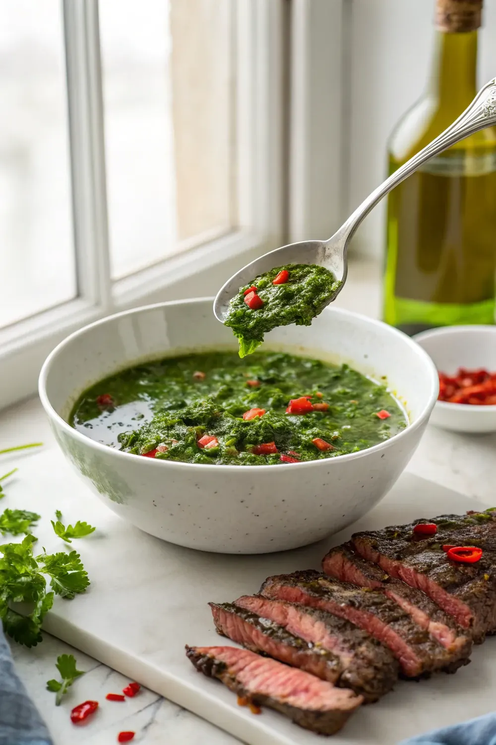 Vertical photo of fresh bright green chimichurri sauce in a bowl with a spoon, save this 15-minute Texas de Brazil copycat recipe