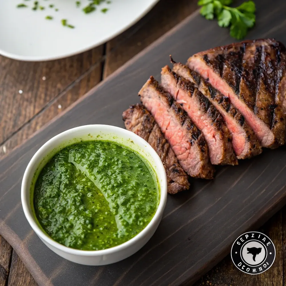 Overhead view of a bowl of fresh green chimichurri beside slices of grilled steak on a dark wooden churrascaria-style table