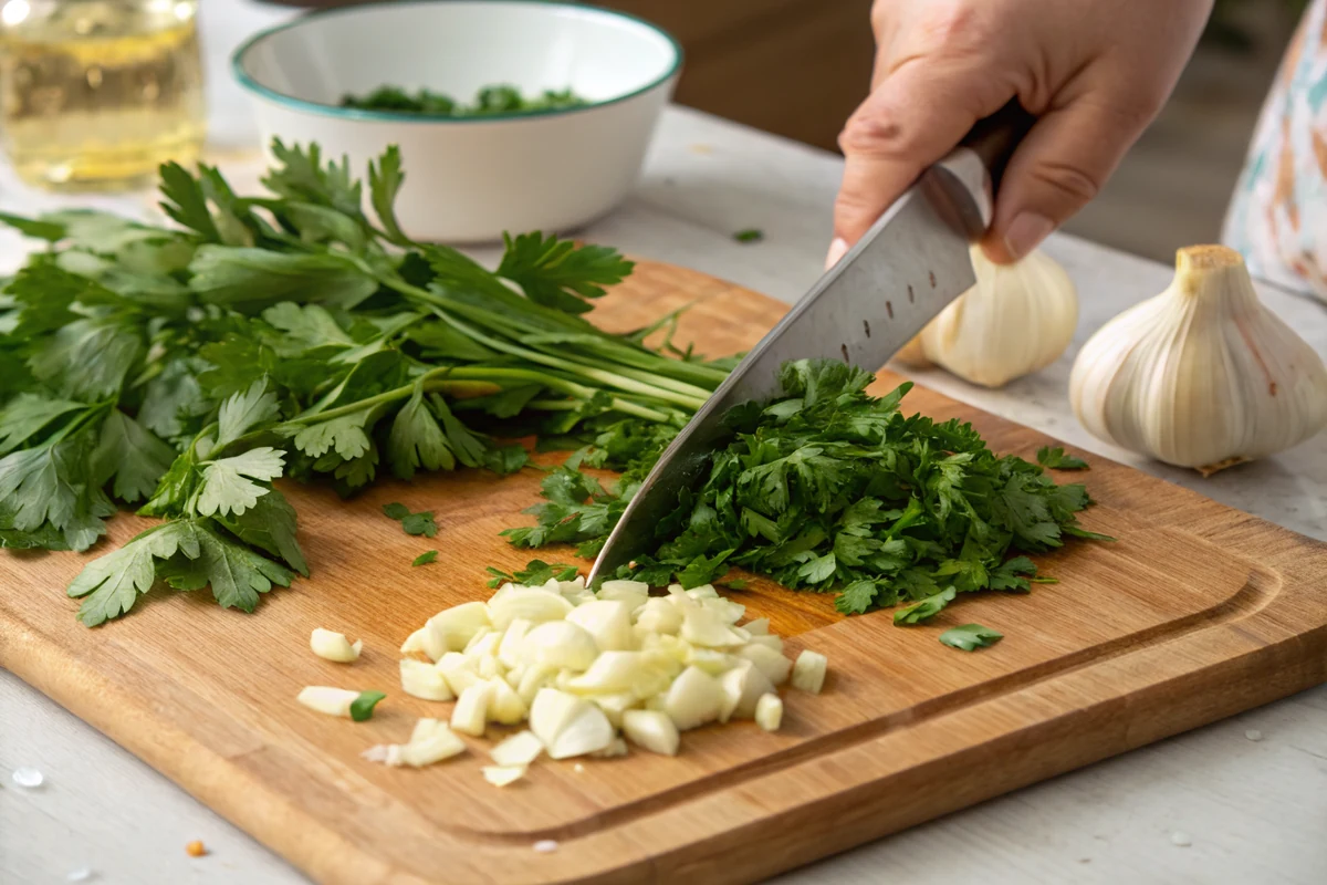 Fresh flat-leaf parsley and garlic being finely chopped with a knife on a wooden cutting board