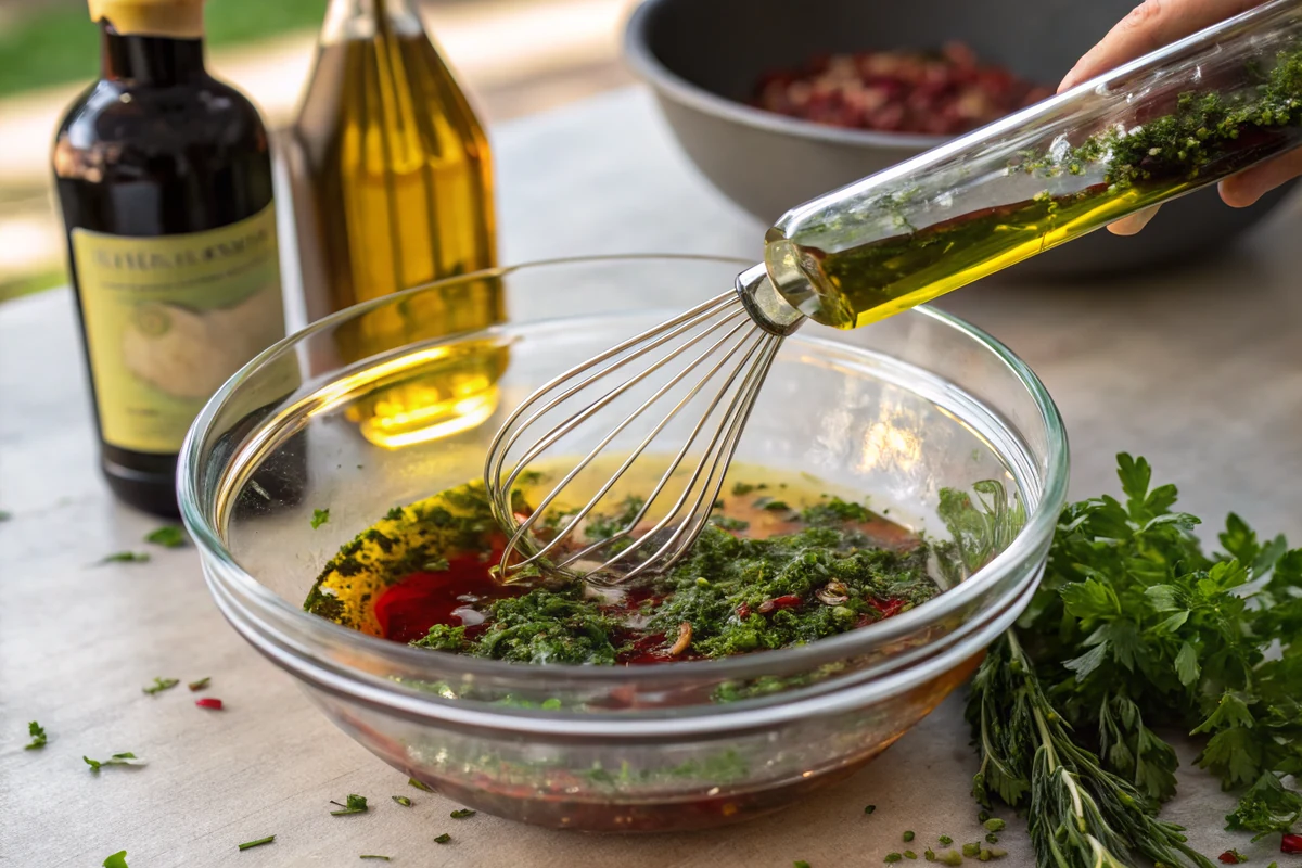 Extra-virgin olive oil being whisked into chopped herbs and red wine vinegar in a glass bowl