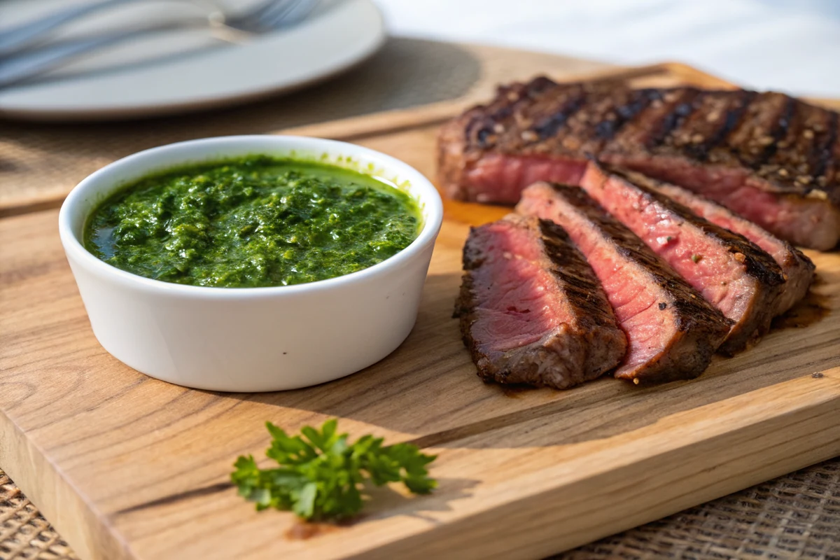 Finished bright green chimichurri in a small bowl next to slices of grilled steak on a board