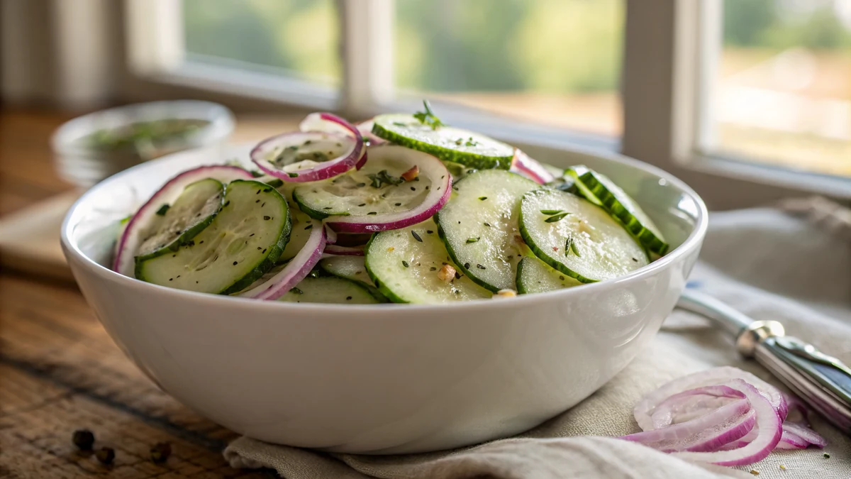 Texas de Brazil Cucumber Salad Copycat recipe by Chef Mia, photographed in a natural light Texas kitchen