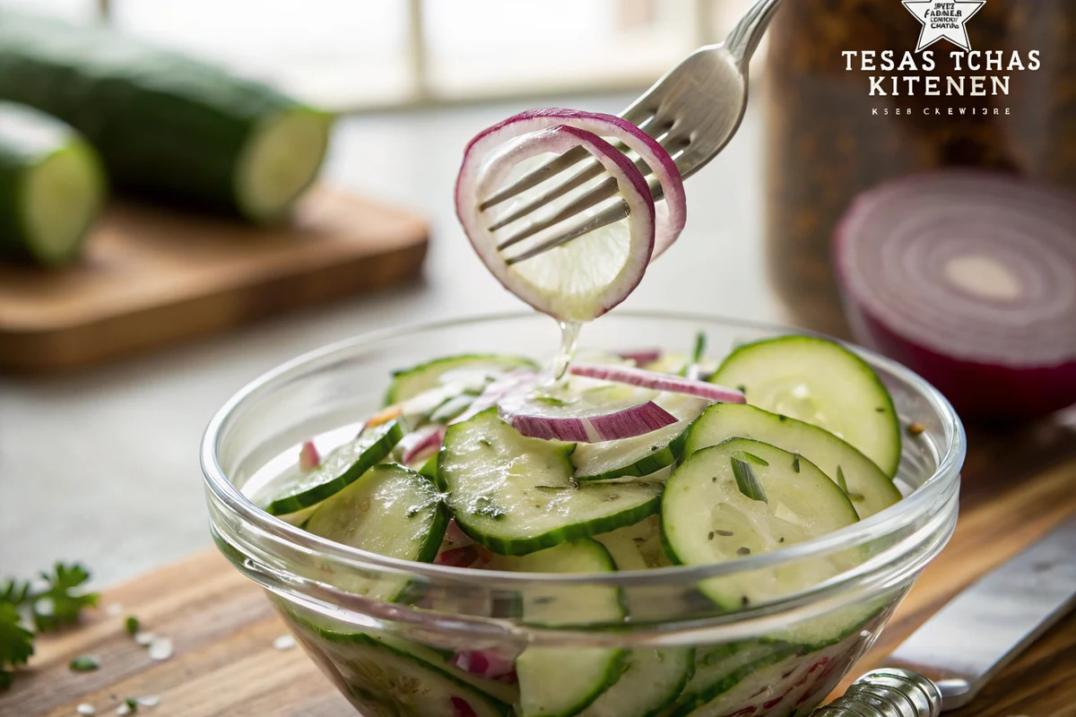 Close-up of thin cucumber slices being tossed with sliced red onion and vinaigrette in a glass bowl, fork lifting a few glossy slices