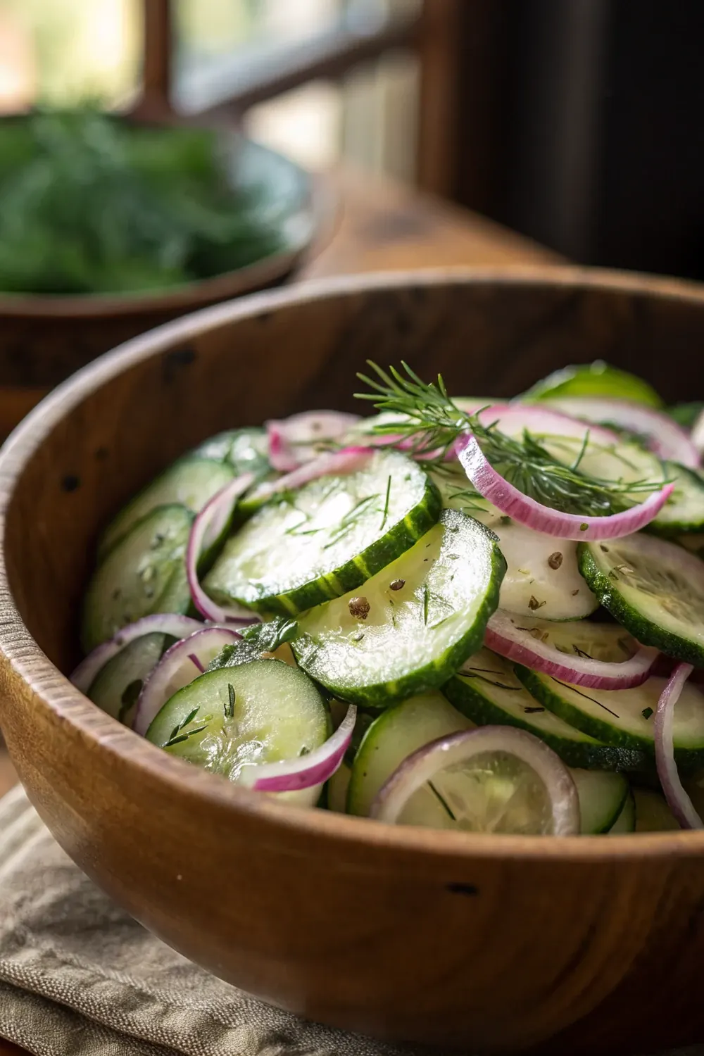 Vertical photo of crisp marinated cucumber and onion salad in a bowl, save this 10-minute Texas de Brazil copycat recipe