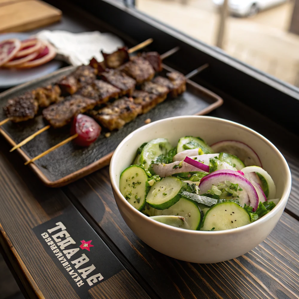 Overhead view of marinated cucumber salad in a serving bowl beside grilled meat skewers on a dark wooden churrascaria-style table