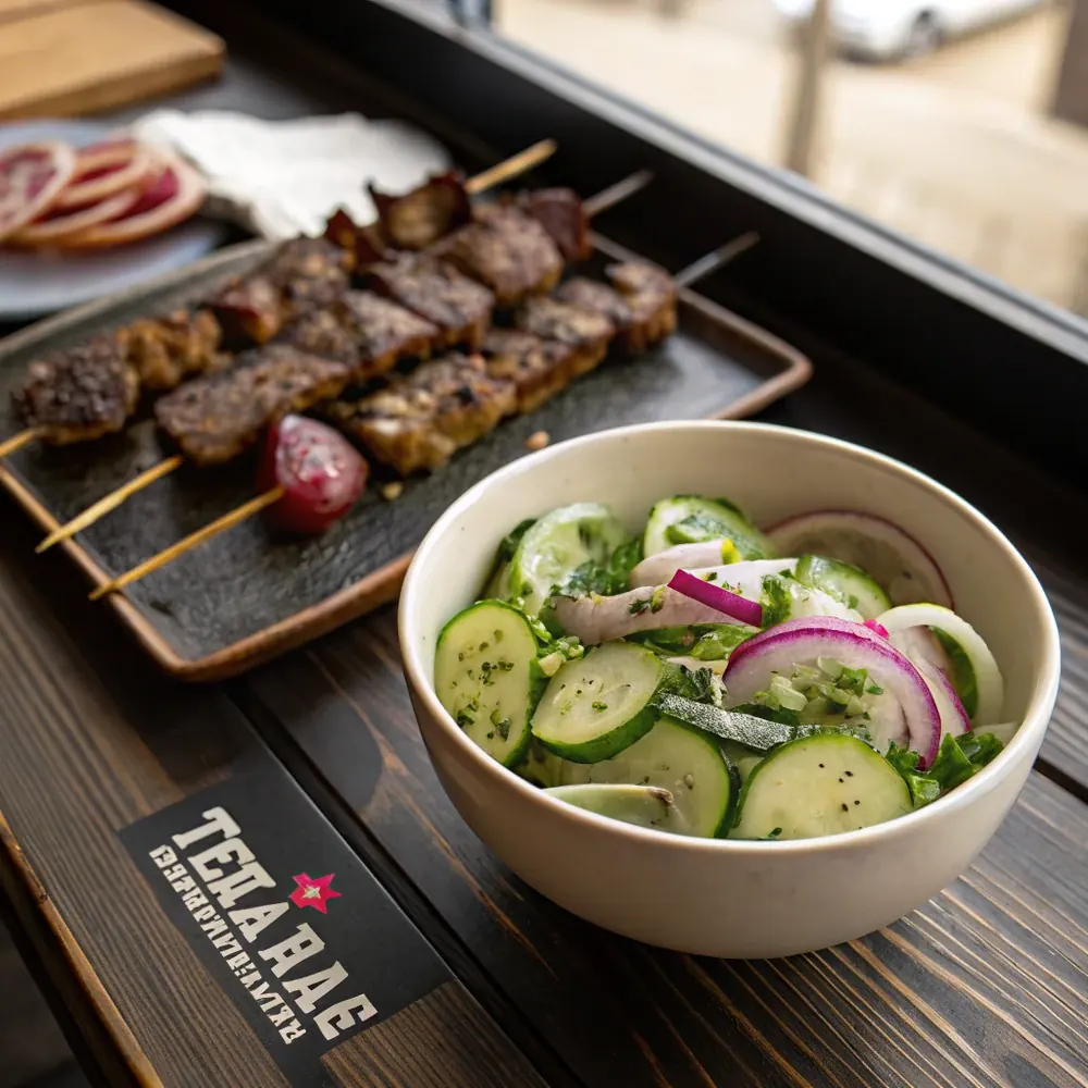Overhead view of marinated cucumber salad in a serving bowl beside grilled meat skewers on a dark wooden churrascaria-style table