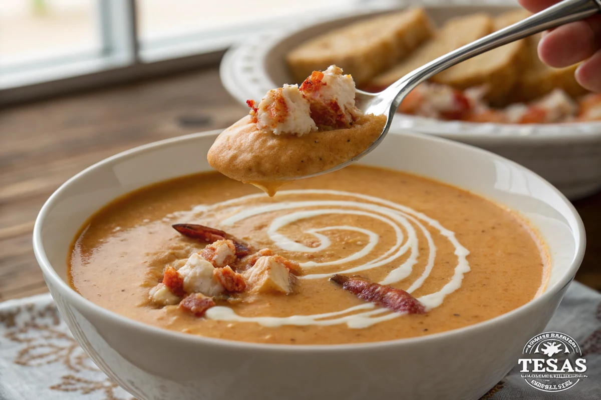Close-up of smooth lobster bisque with a swirl of cream and pieces of lobster tail on top, a spoon lifting a bite
