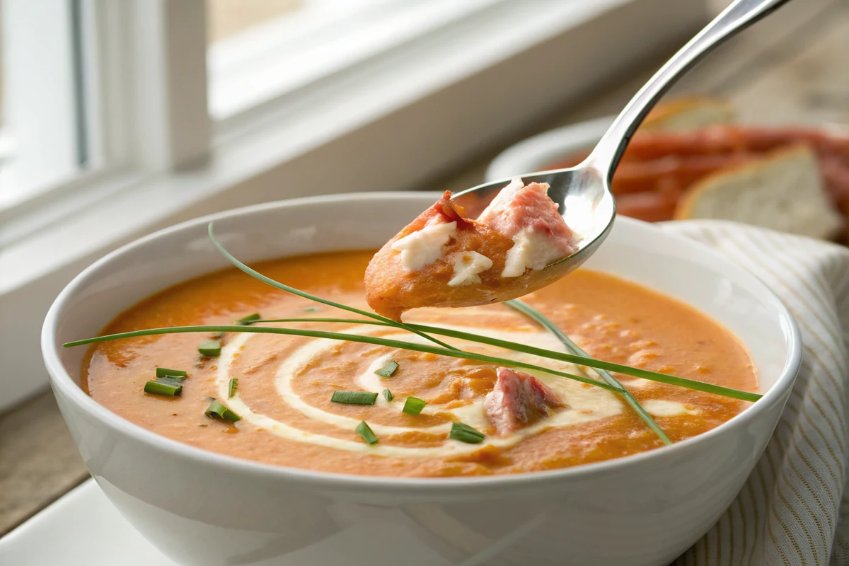Close-up of smooth lobster bisque with a swirl of cream and pieces of lobster tail on top, a spoon lifting a bite