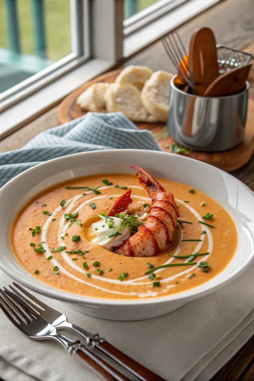 Vertical photo of rich copycat Texas de Brazil lobster bisque garnished with lobster and chives, save this steakhouse starter soup recipe