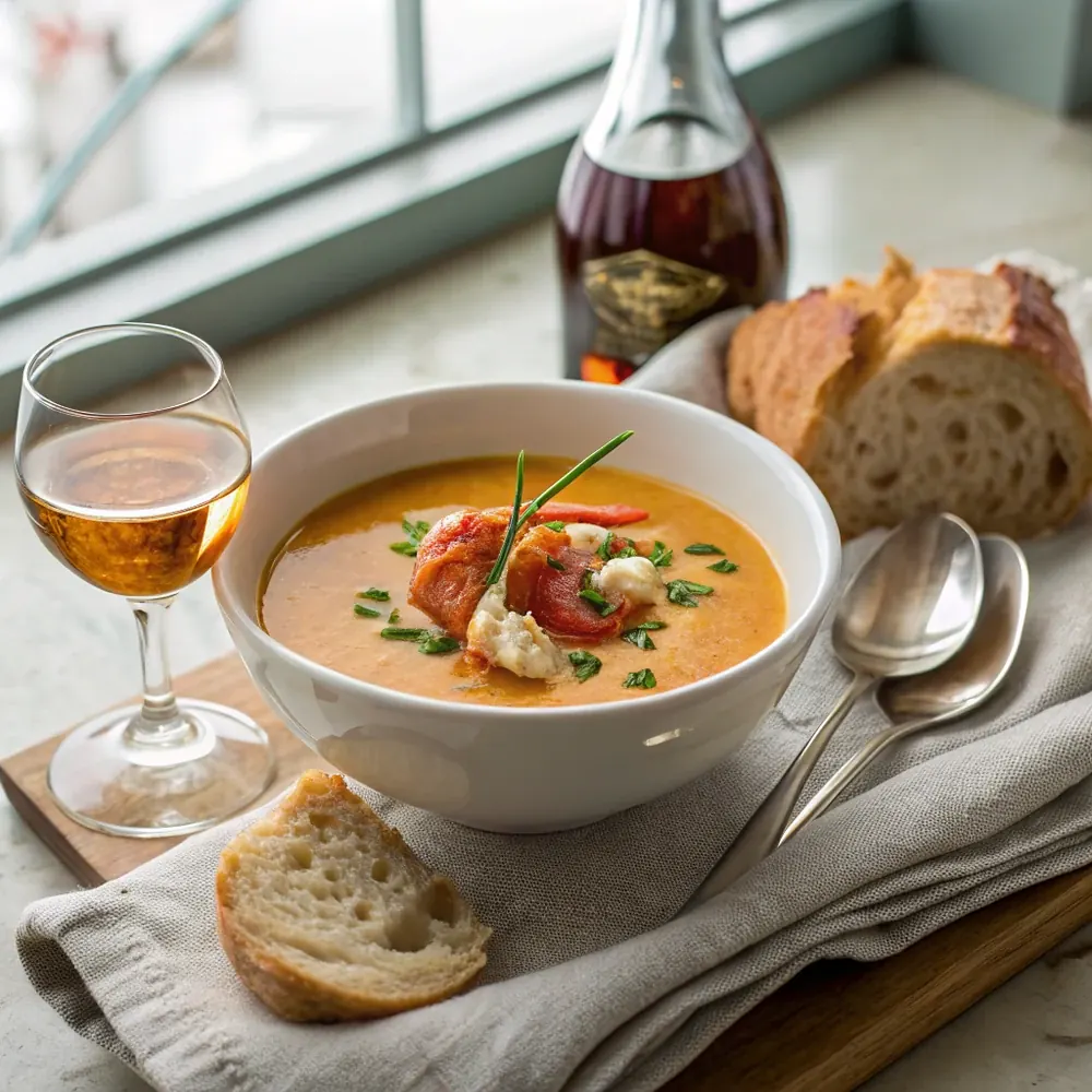 Overhead view of a bowl of creamy lobster bisque garnished with lobster meat and chives beside a glass of sherry and crusty bread