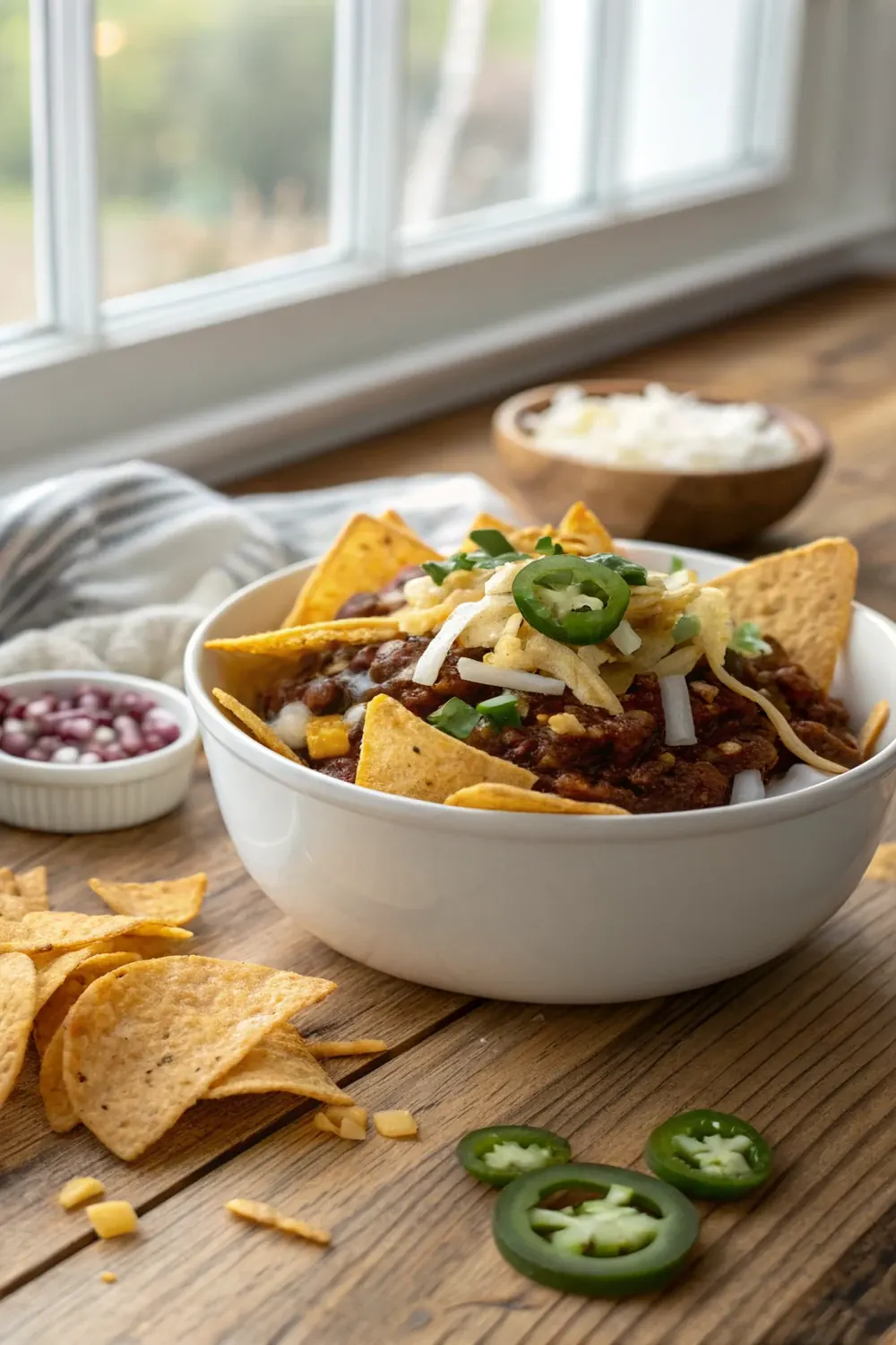 Vertical view of Texas Frito Pie eaten straight from the bag, save this San Antonio cafeteria classic with no-bean chili recipe