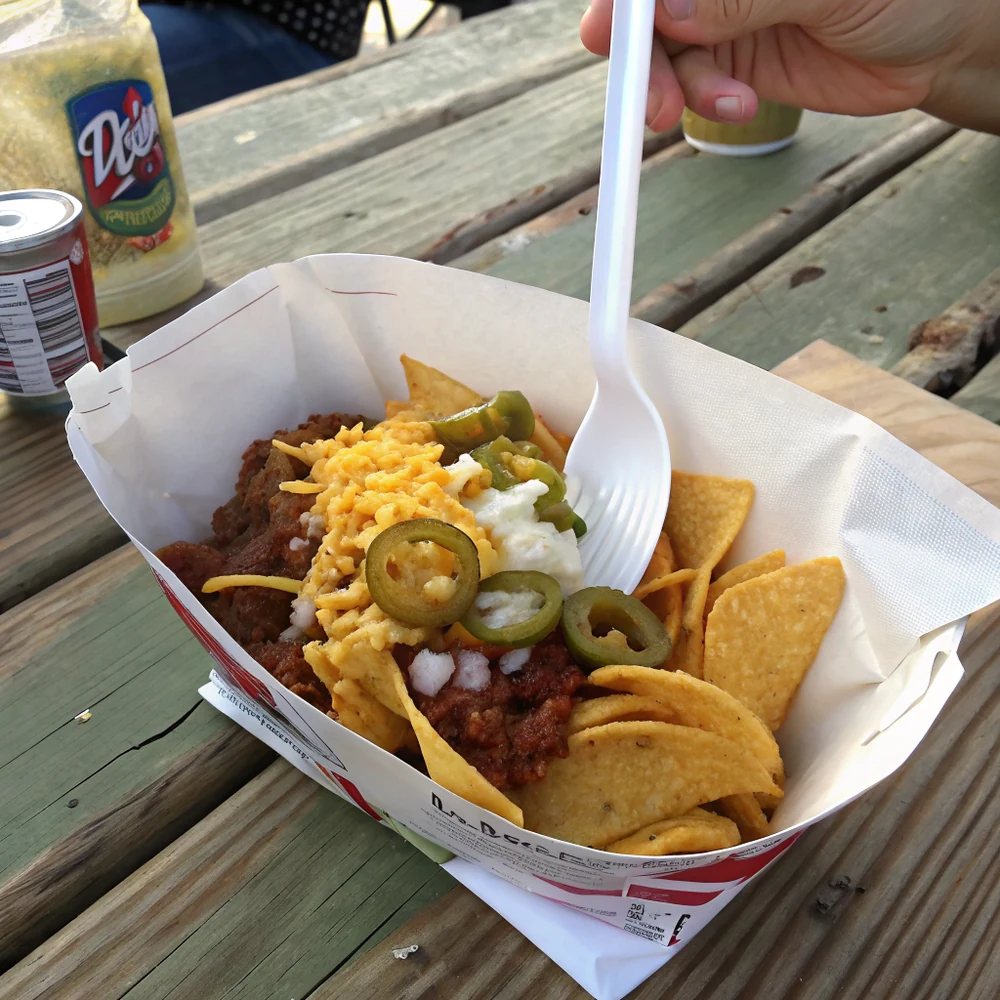 Overhead view of four Frito Pies in their bags arranged on a Texas school cafeteria tray with milk cartons and napkins
