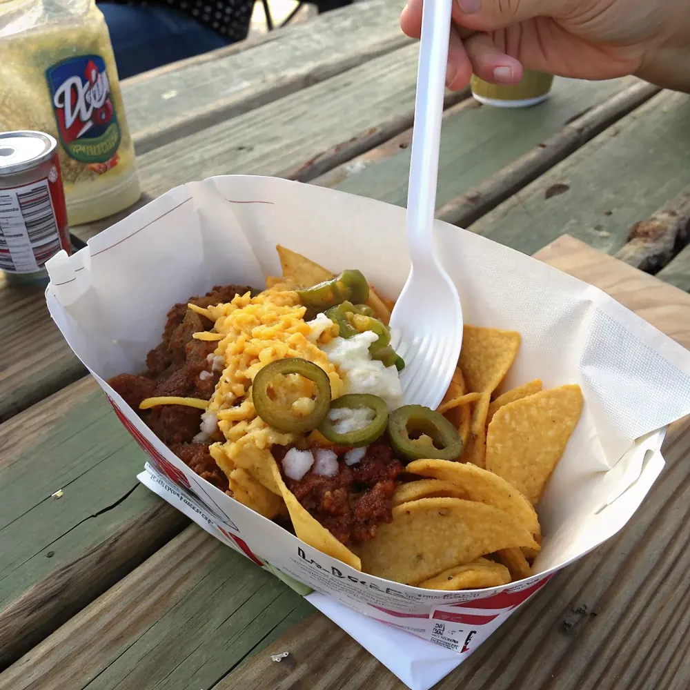 Overhead view of four Frito Pies in their bags arranged on a Texas school cafeteria tray with milk cartons and napkins