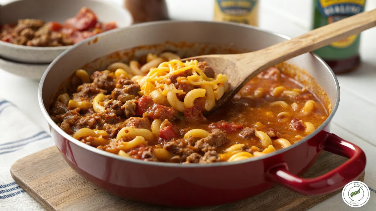 Photorealistic pot of Texas goulash with ground beef and elbow macaroni in a glossy tomato sauce topped with melted cheddar, wooden spoon resting in the pot