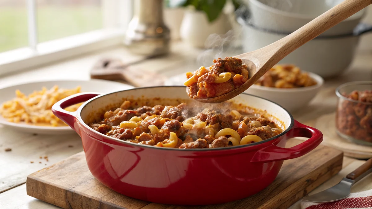 Texas Goulash recipe by Chef Mia, photographed in a natural light Texas kitchen
