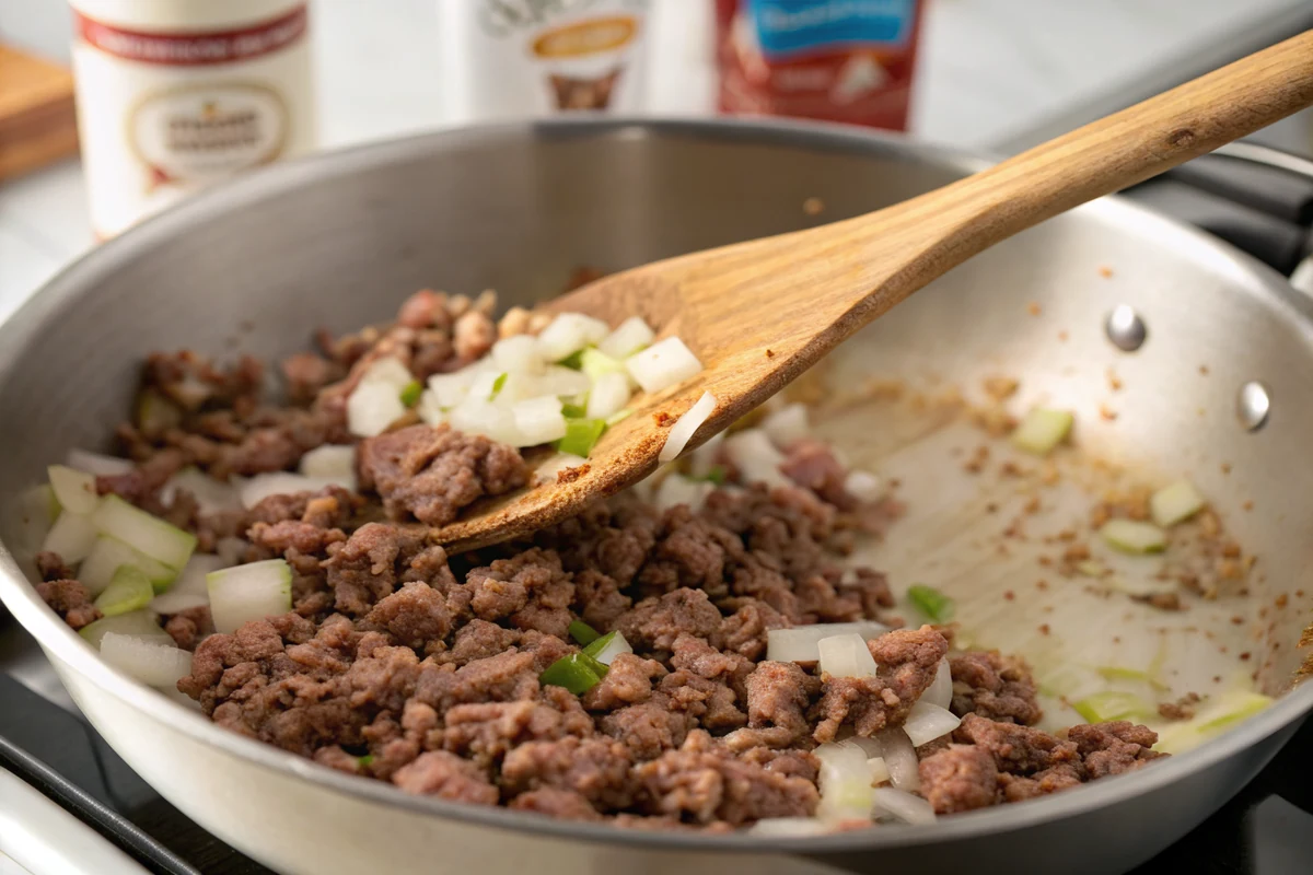 Close-up of ground beef and diced onion browning in a large pot with a wooden spoon breaking up the meat into fine crumbles