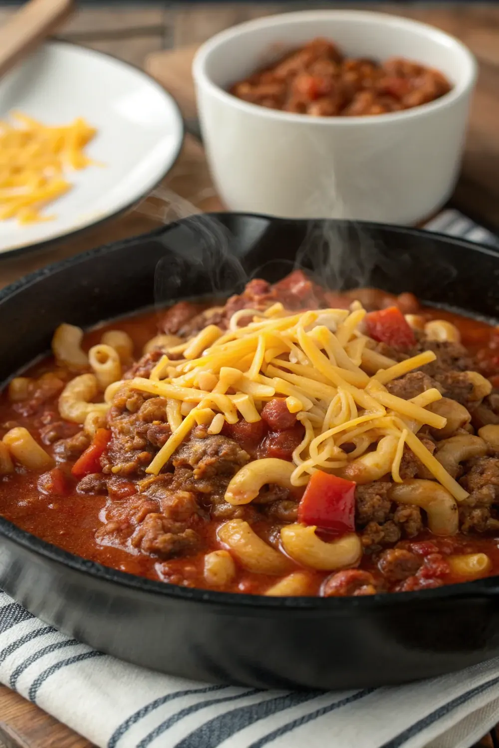 Vertical pin of a hearty one-pot Texas goulash, ground beef and macaroni in red tomato sauce finished with shredded cheddar, steam rising from the pot