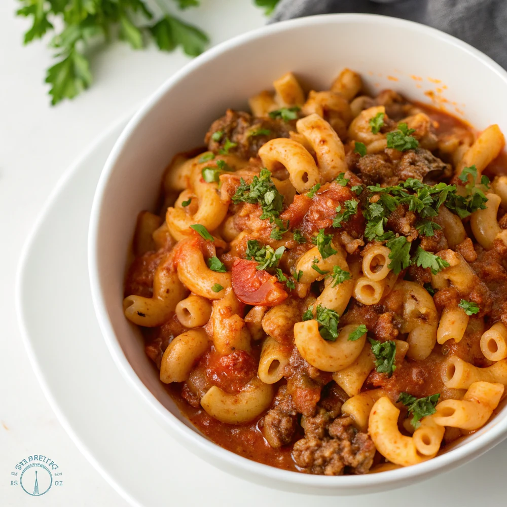 Overhead shot of a bowl of cheesy American goulash with elbow macaroni and ground beef in tomato sauce garnished with chopped parsley