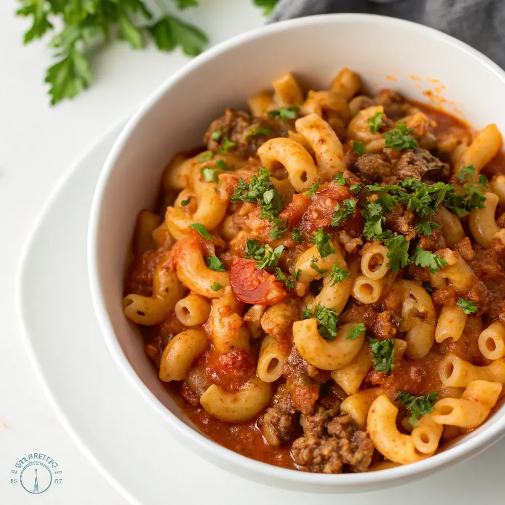 Overhead shot of a bowl of cheesy American goulash with elbow macaroni and ground beef in tomato sauce garnished with chopped parsley