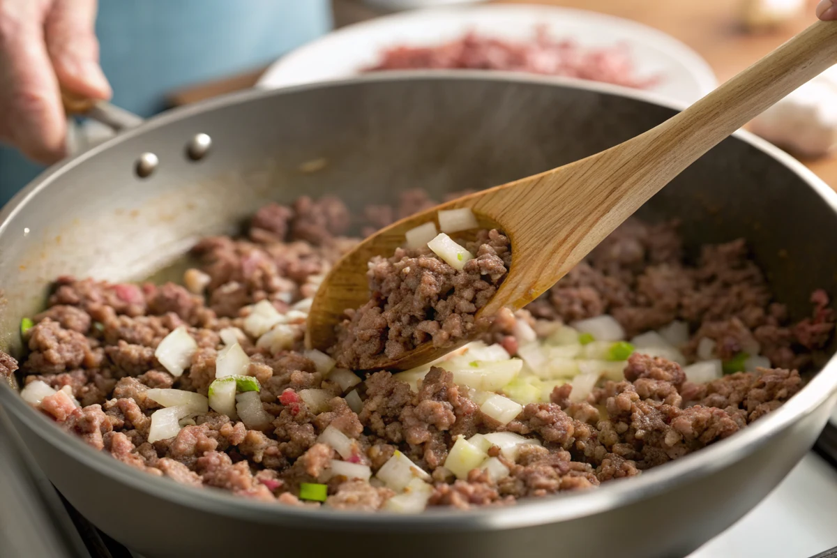 Ground beef and diced onion browning in a large pot with a wooden spoon breaking the meat into fine crumbles