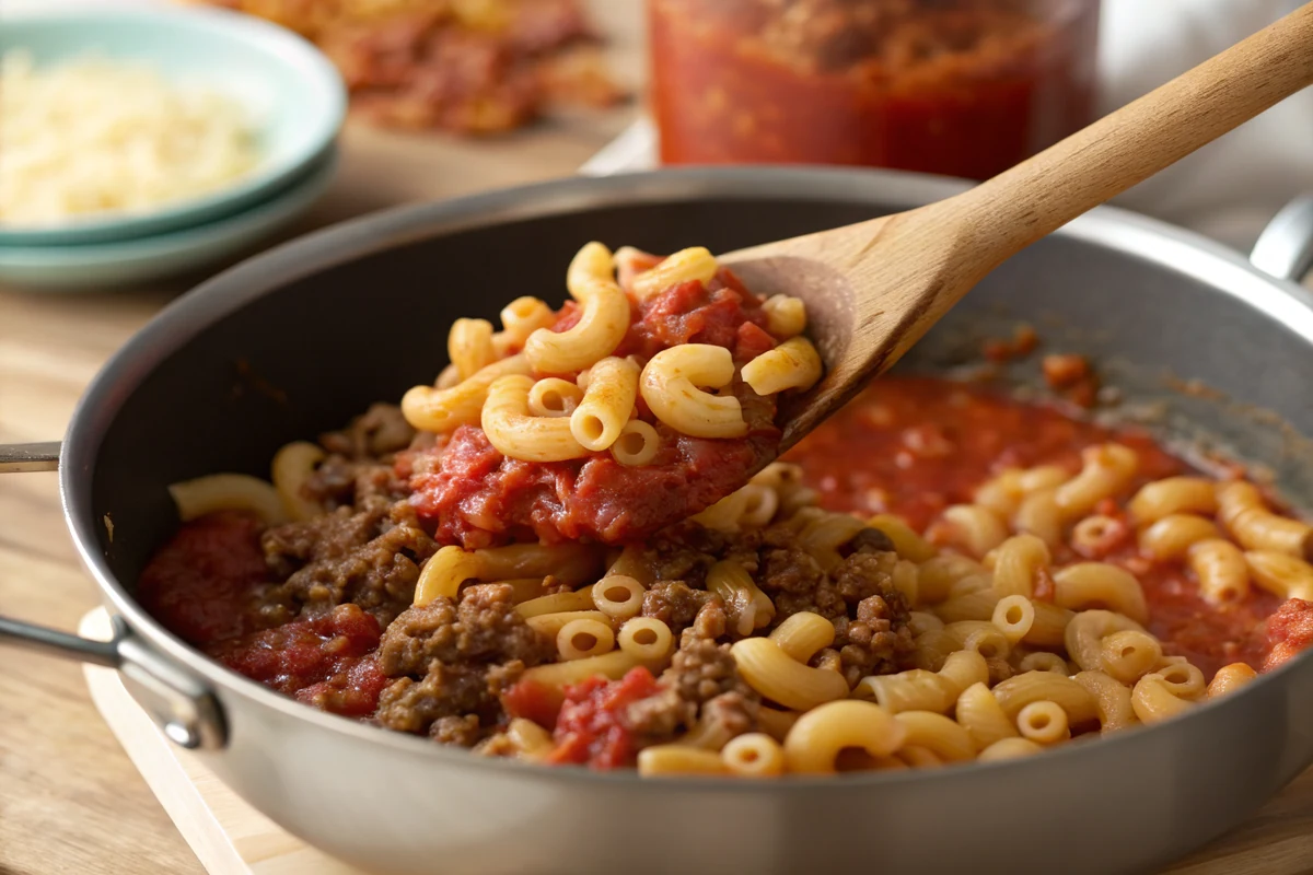 Raw elbow macaroni being stirred into a simmering pot of ground beef and tomato sauce with a wooden spoon