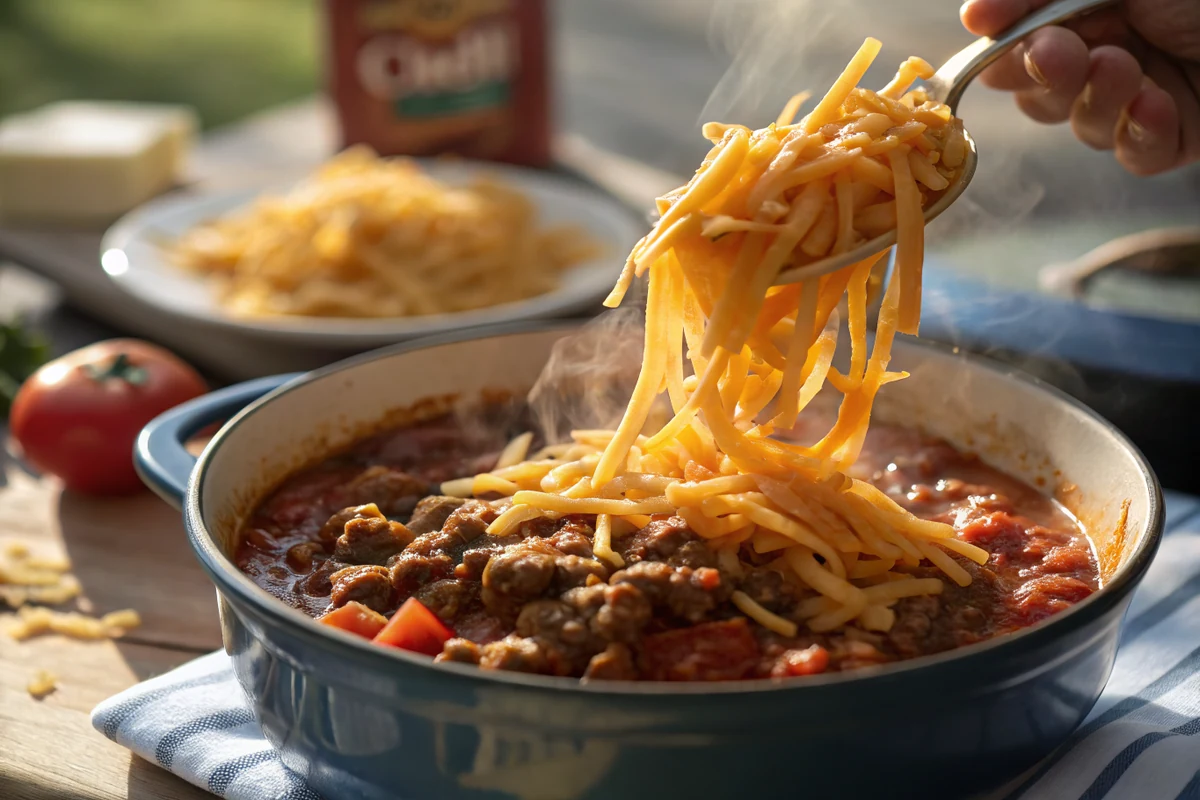 Shredded cheddar cheese being folded into a finished pot of cheesy goulash with ground beef and elbow macaroni in tomato sauce