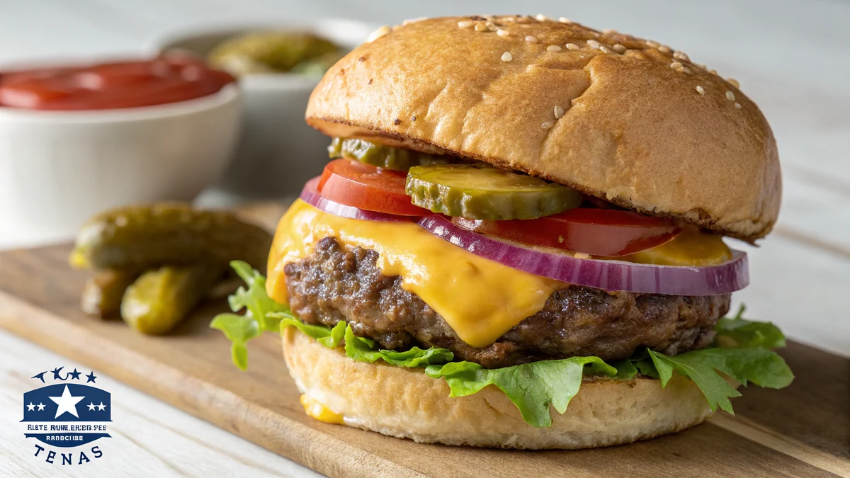 Photorealistic juicy Texas cheeseburger with a thick seared 80/20 beef patty, melted cheddar, lettuce, tomato, onion, and pickles on a toasted buttered bun