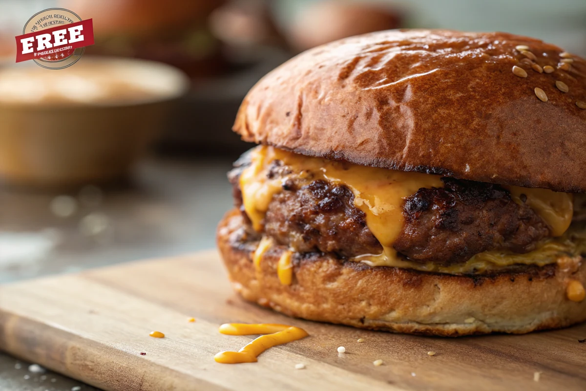 Close-up of a juicy Texas burger patty with a deep brown crust and melted cheese dripping down the side on a toasted bun