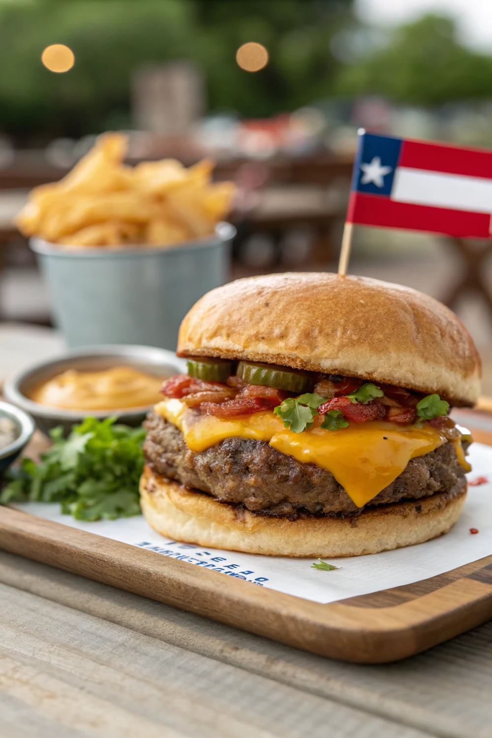 Tall juicy Texas cheeseburger with melted sharp cheddar and fresh fixings on a buttery toasted bun, vertical pin to save for grilling night