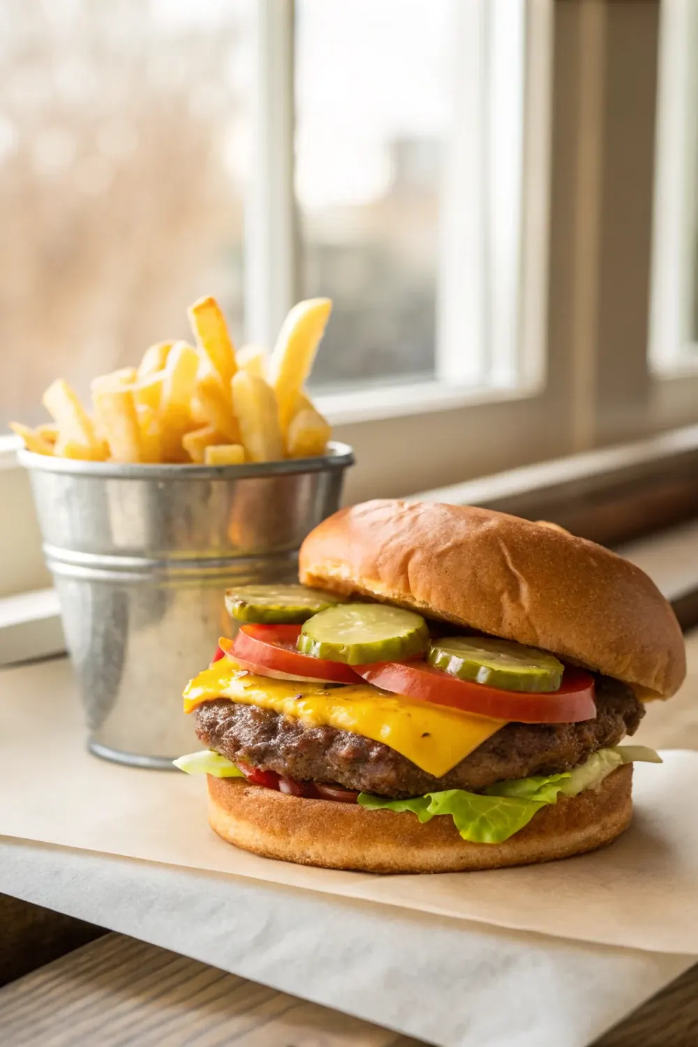 Tall juicy Texas cheeseburger with melted sharp cheddar and fresh fixings on a buttery toasted bun, vertical pin to save for grilling night