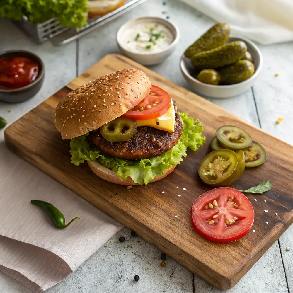 Overhead shot of a homemade Texas cheeseburger on a wooden board with crisp lettuce, tomato, pickles, and a sliced jalapeno beside it